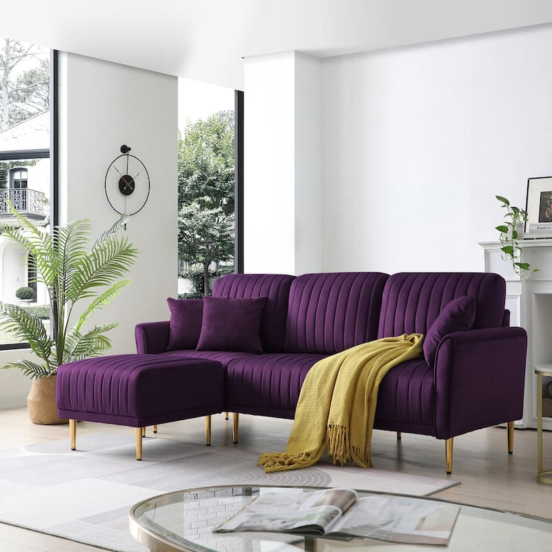 Purple LShape Velvet Sectional Sofa Set Tufted Back Couch w/ Ottomans