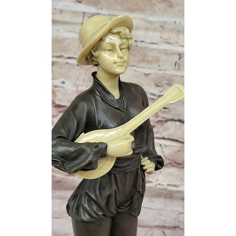 Hot Cast Bronze Mandolin Guitar Player Sculpture Figure W/ Resin Highlights