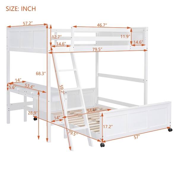 dimension image slide 1 of 2, Pine Bunk Bed with Desk, Drawers, Movable Lower Bed, and Guardrail