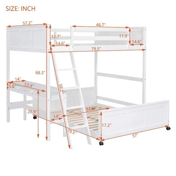 dimension image slide 1 of 2, Space-Saving Twin Over Full Bunk Bed with Desk and Drawers - Solid Pine, White/Grey