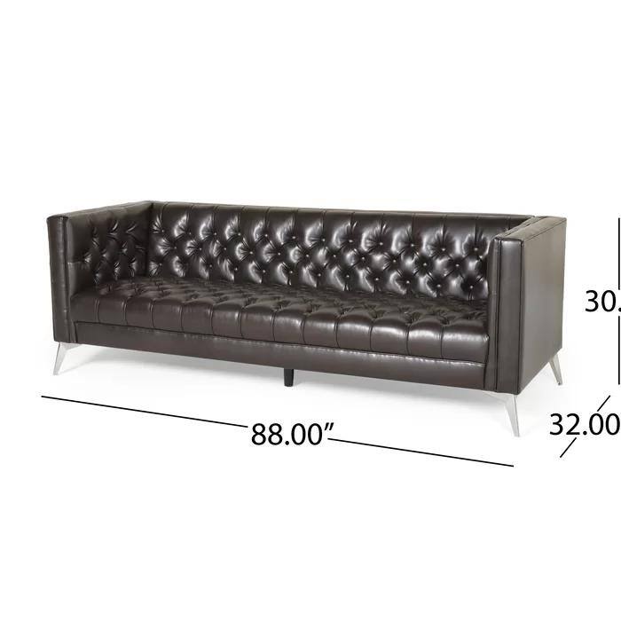 Faux Leather Button Tufted 3-seater Sofa with T-shaped Iron Legs