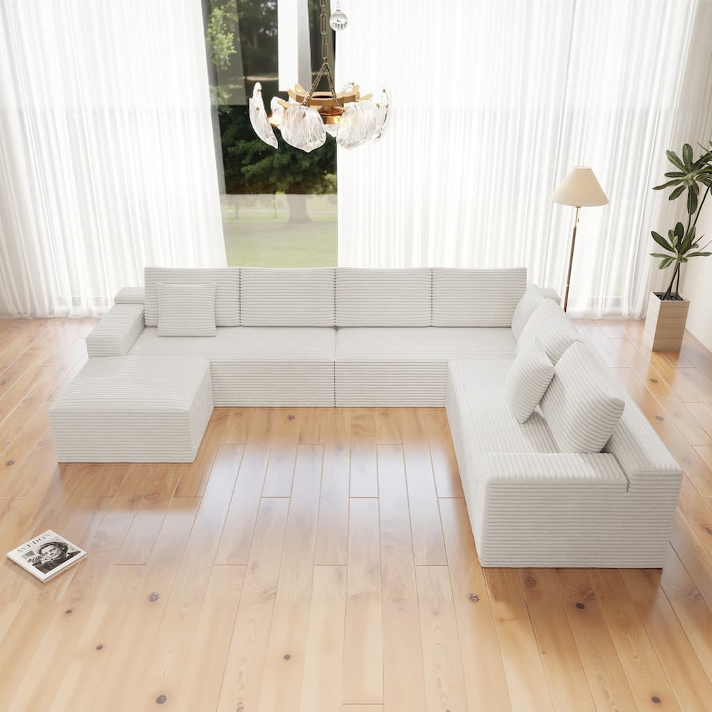 Roomfitters 137.8" Modular Sectional Sofa, 4-Piece Compressed Cloud Couch, No Assembly Required, Plush Corduroy, White