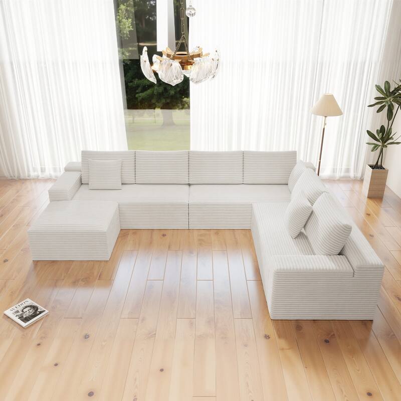Roomfitters 137.8" Modular Sectional Sofa, 4-Piece Compressed Cloud Couch, No Assembly Required, Plush Corduroy, White - White