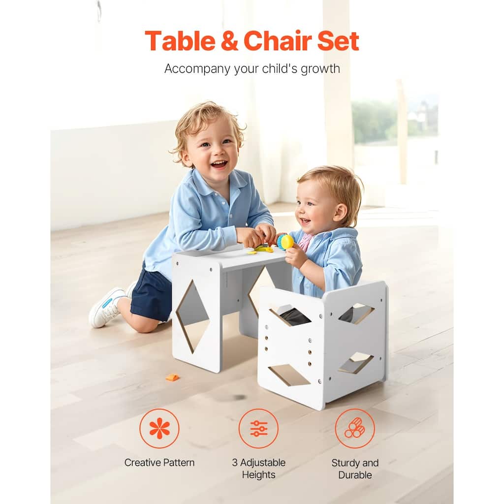 White MDF Adjustable Kids Table Chair Set with Pattern & Handle - 15.4 x 12 x 15 in