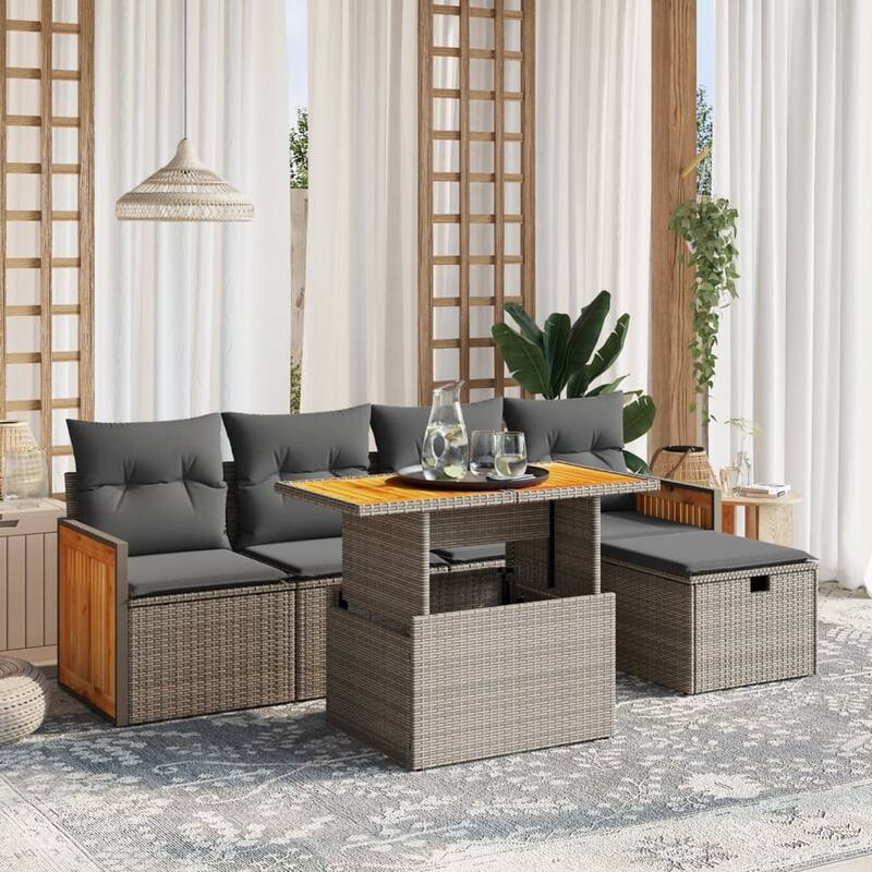 vidaXL Patio Sofa Set with Cushions Outdoor Furniture 6 Piece Poly Rattan - Grey-without storage - 21.7 x 39.4 x 28.7