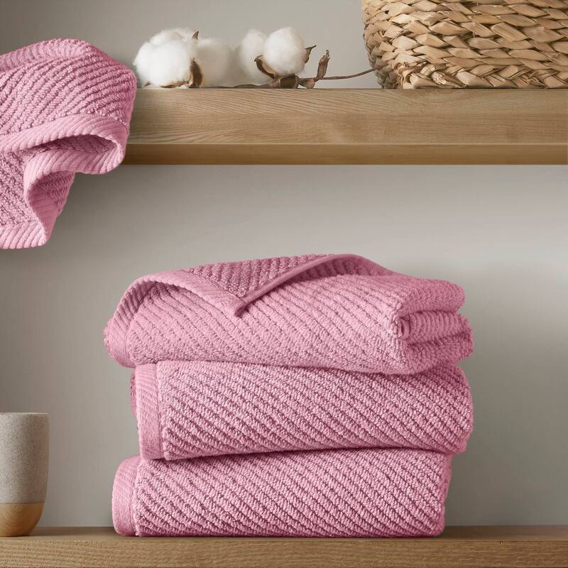 Madison Park Diagonal Ribbed Cotton Quick Dry Towel Set - 4 Hand Towels:18"W x 28"L  - Pink