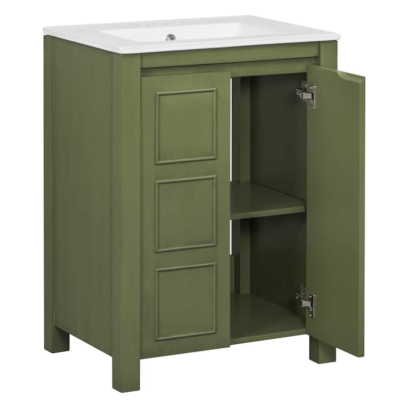 24" Vintage Style Small Bathroom Vanity with Ceramic Sink, 2 Soft-close Doors, Adjustable Shelf
