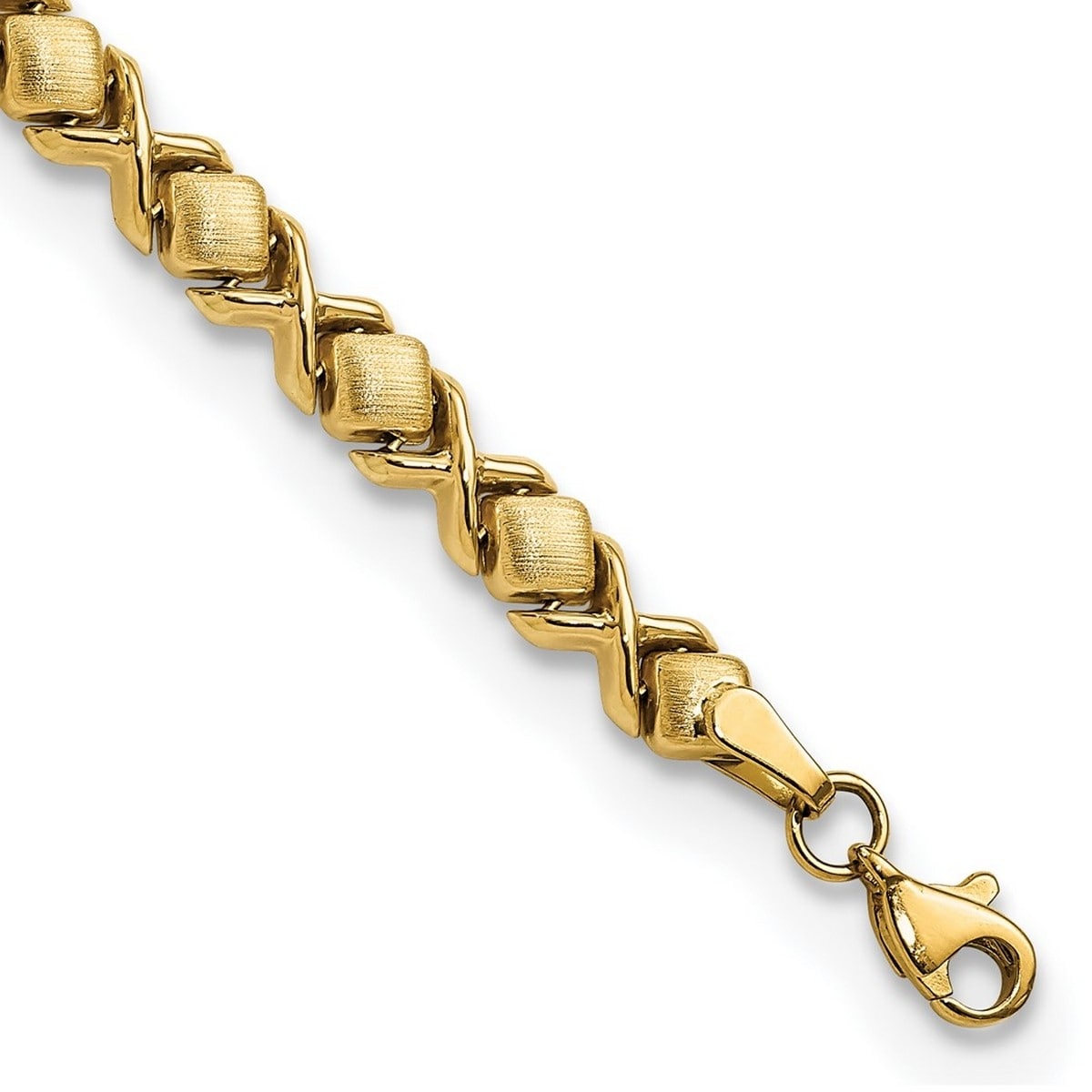 Curata 14k Yellow Gold 7.5" 5.1mm Brushed and Polished X And O Stampato Bracelet