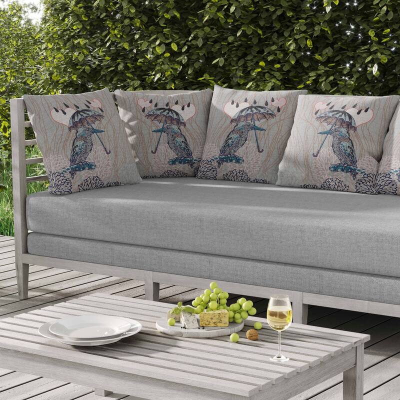 Bird with Umbrella Indoor/Outdoor Reversible Throw Pillow Silver and Brown