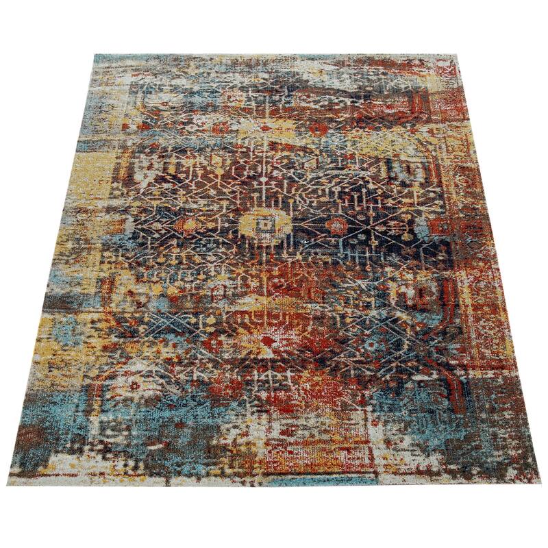 Colorful Outdoor Rug Abstract with Tradional Pattern in Blue Yellow