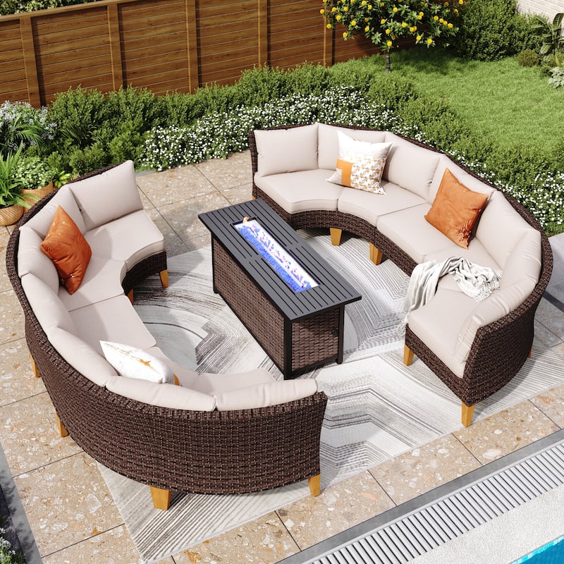 6-11 Piece Patio Outdoor Wicker Sectional Sofa Half-Moon Furniture Set Large Seating Conversation Sets with Fire Pit Table - 10 Seat-1 - Beige