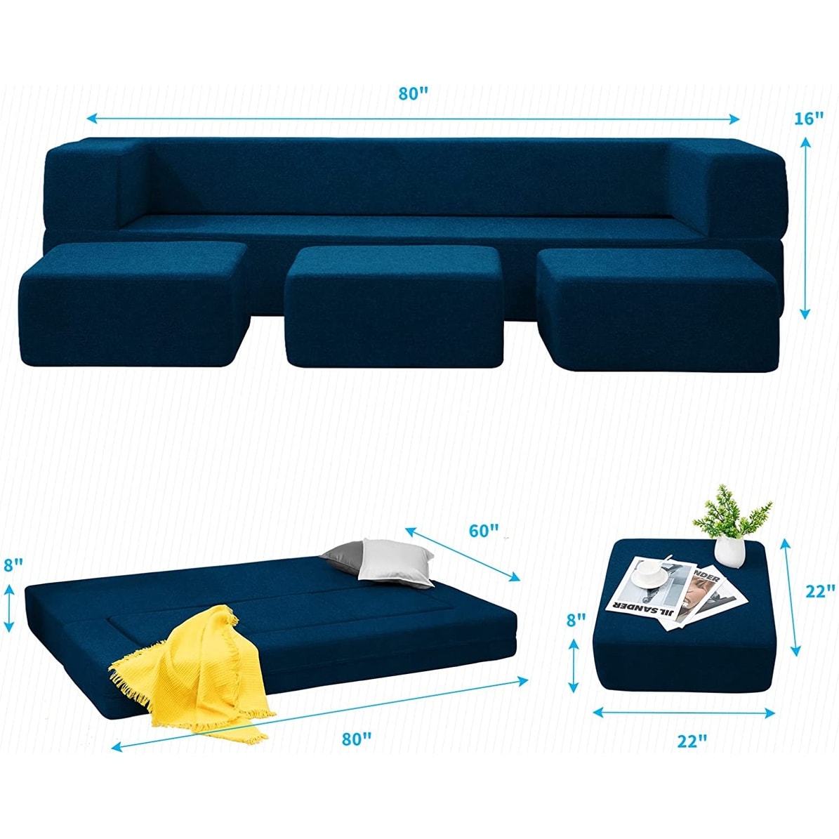 MAXDIVANI WOTU Folding Bed Couch 10 Inch Fold Out Sofa Bed Memory Foam  Mattress Comfortable Floor Couch Sleeper Sofa Twin, Dark Blue Great for