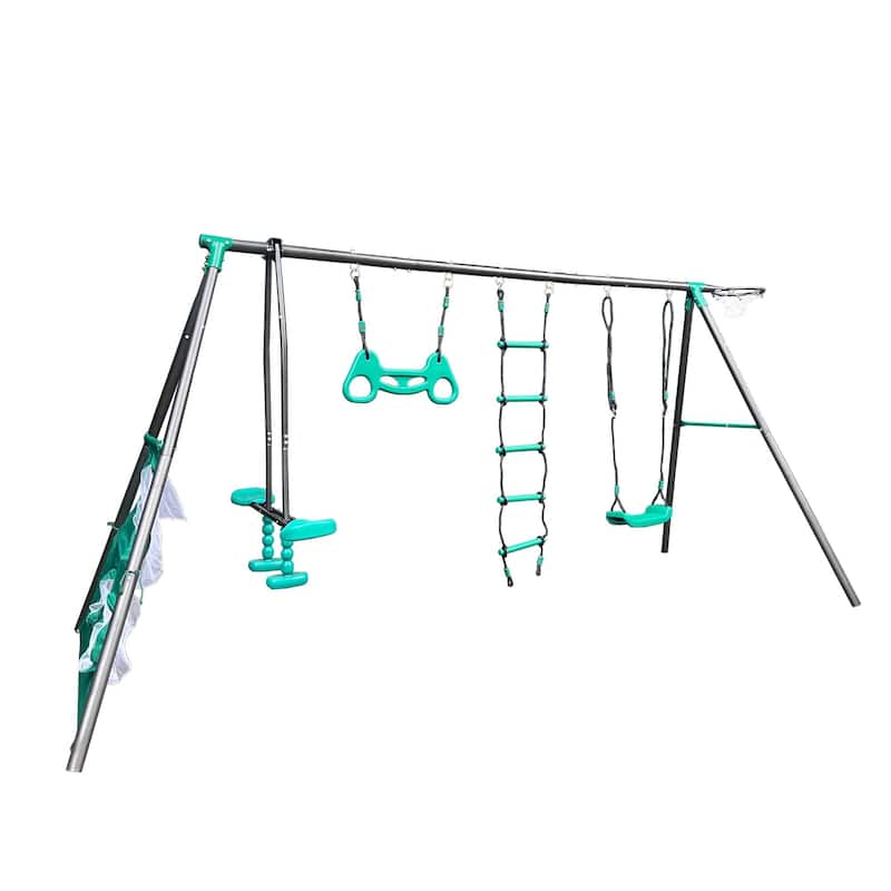 Blackish Green Interesting Four Function Swing Set with Face to Face Metal Plastic Safe Swing Seat for Outdoor Playground