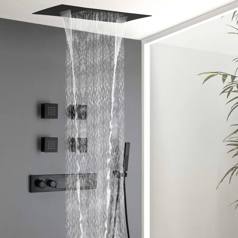 NSF Certified Square Rainfall & Waterfall Showerhead with High pressure Handheld, 4 Massage Jets, Thermostatic Cartridge
