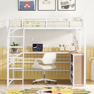 White Metal Full Size Loft Bed with L-shaped Desk and Shelves