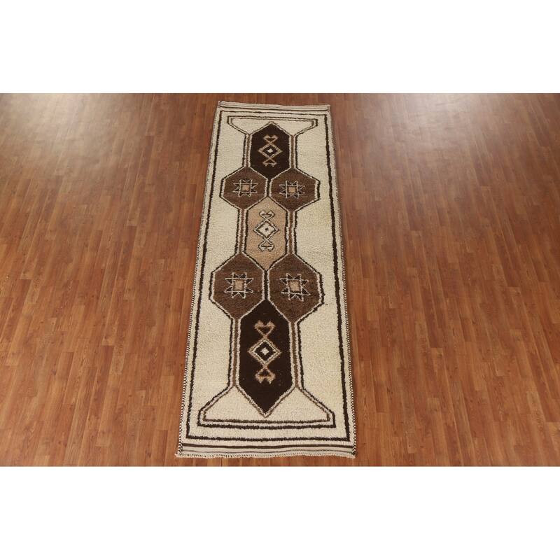 Anatolian Beige Tribal Turkish Runner Rug Handmade Wool Carpet - 3'7"x 10'4"