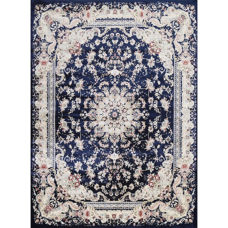 Navy Blue Floral Medallion Transitional Turkish Rug Oriental Carpet