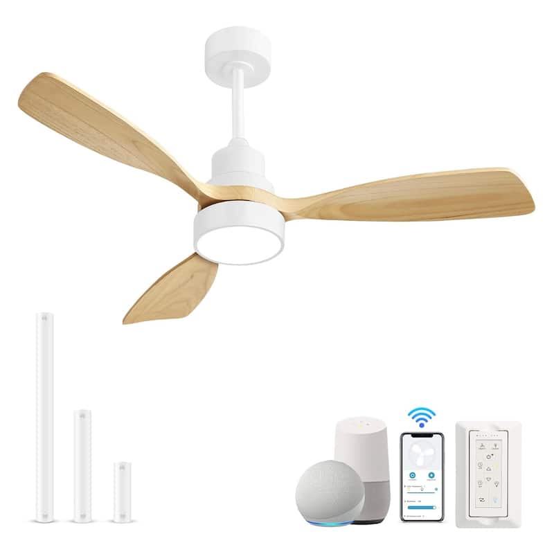 Sofucor 48 Inch Ceiling Fan with Light and Remote,Solid Wood Blades Low Profile,Smart Optional Work with Alexa/Google/App - Smart(Remote+APP+Voice Control) - White with Natural wood