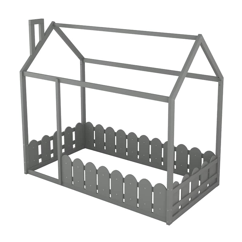 Twin House Bed with Door, Roof and Garden-style Fence, Kids Semi-Enclosed Play Area Wooden Floor Bed Frame