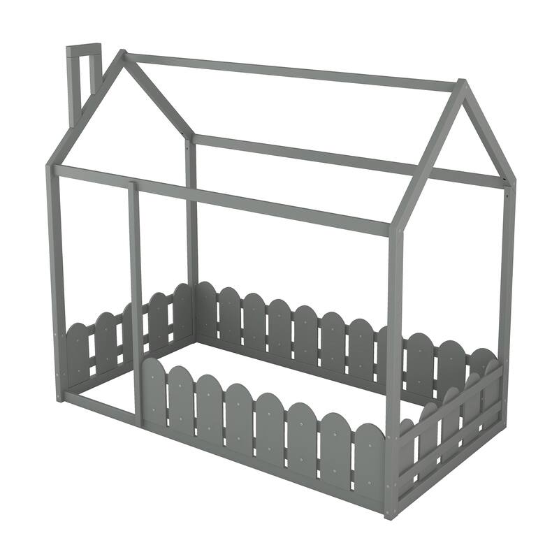 Twin Size Wood House Bed Frame with Fence for Kids and Teens, Gray