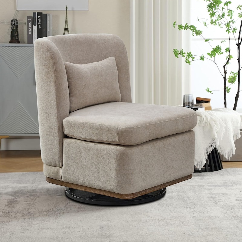 Modern minimalist sofa chair with pillows and metal swivel base for bedroom living room den - Beige
