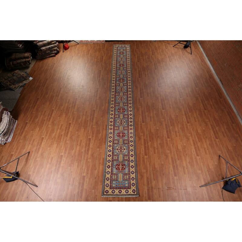 Light Blue Kazak Runner Rug Handmade Wool Carpet - 2'7" x 20'7"