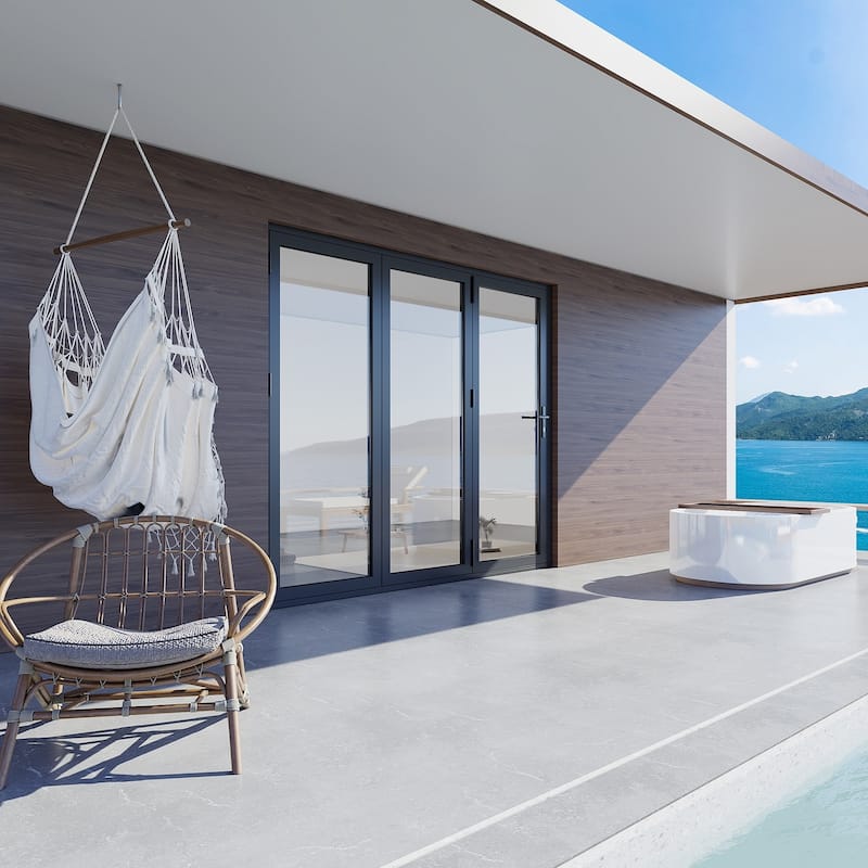 KaMic 108"×96" 3 Panels Aluminum Folding Door In Black,Folded Out From Right To Left Model #:FD3PBK10896-RL