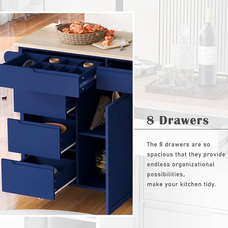 Kitchen Cart With Rubber Wood Countertop, Large Storage Space Flatware Organizer With Spice Rack, Towel Rack