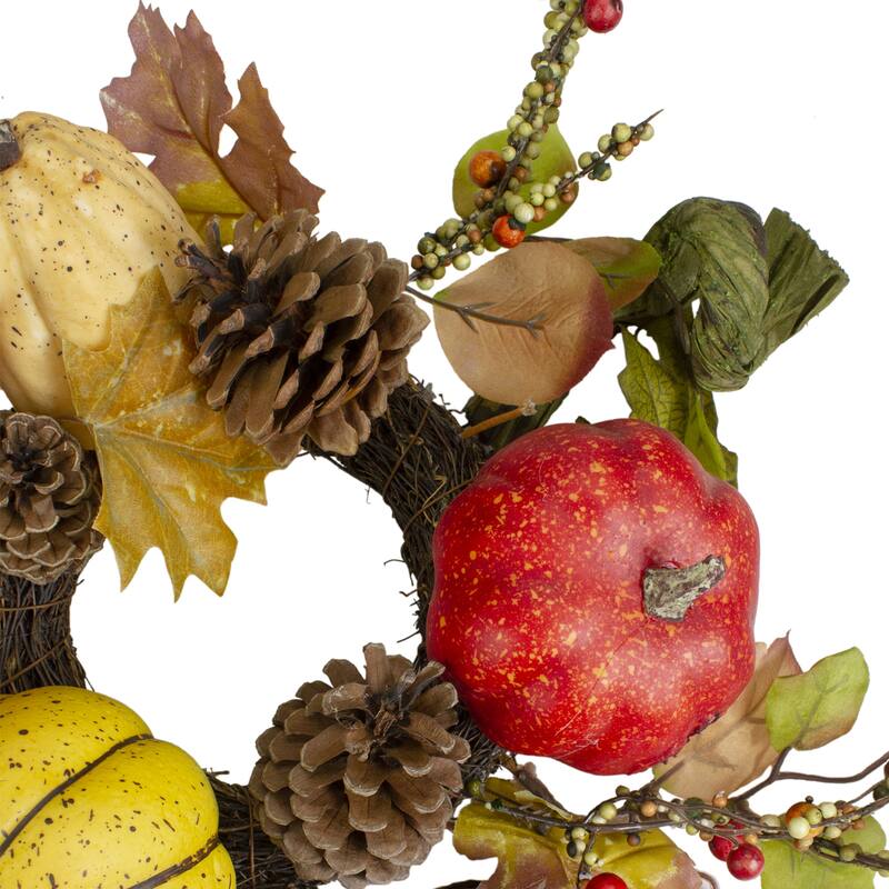 Pumpkin Berries Foliage and Pine Cone Fall Harvest Wreath - 13 inch Unlit - 13"