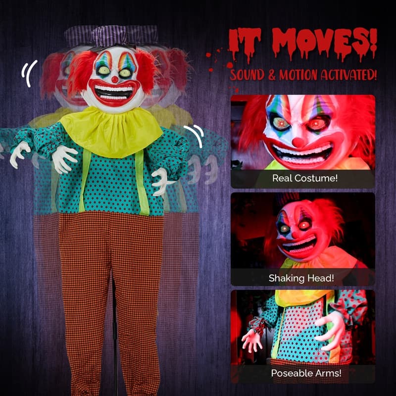 6FT Animatronic Standing Clown Halloween Animated Decorations
