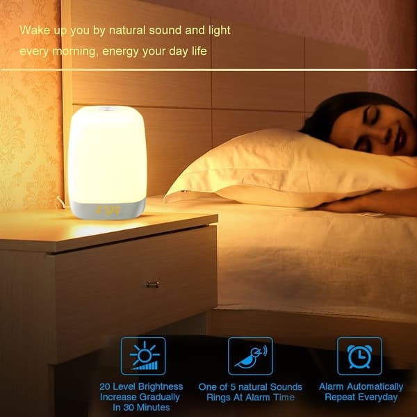 Sunrise Alarm Clock Touch Table Lamp – 10 Natural Sounds, 3-Level Brightness, Dual Alarms & USB Charging In Beige Wood Grain