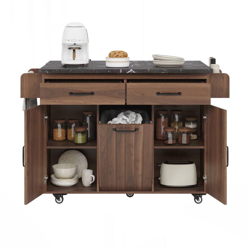 Kitchen Island with Trash Can Storage Cabinet, Kitchen Cart with Drop Leaf, Spice Rack
