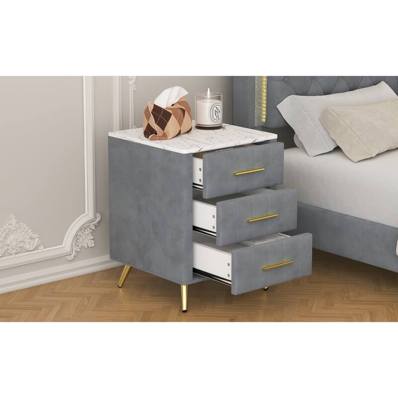Upholstered Wooden Nightstand with 3 Drawers and Metal Legs&Handles, Bedside Table with Marbling Stickers Worktop - Grey
