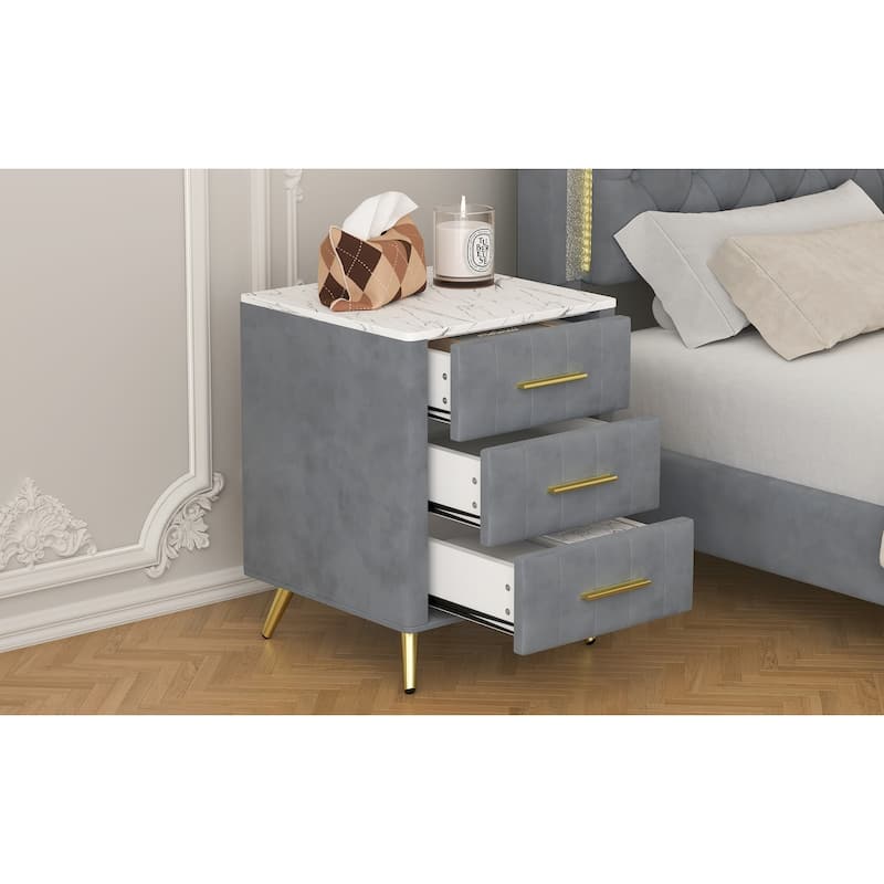 Velvet Upholstered Nightstand with 3 Drawers, Small Wooden Storage Cabinet, Side Table with Marble Top, Metal Legs & Handles