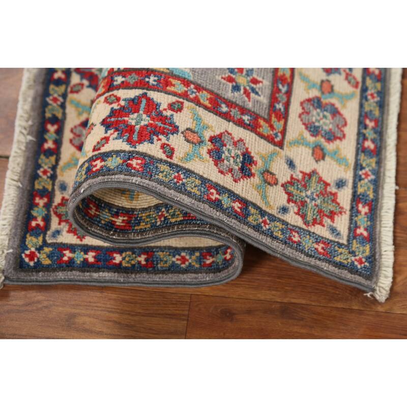 Gray Geometric Kazak Oriental Accent Rug Handmade Wool Carpet - 2'1"x 2'10"