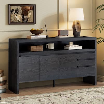 Modern 60" 3-Door Sideboard with 3 Drawers Solid Ash Veneer and Multi-Function Semi-Open Shelf