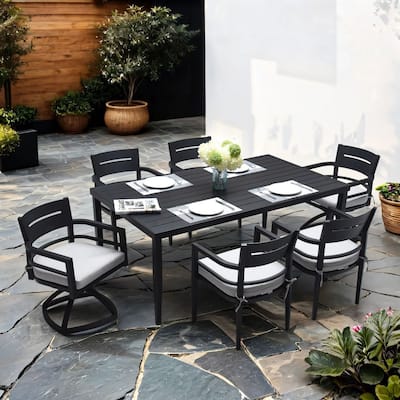 7-Piece Outdoor Patio Aluminum Furniture, Modern Dining Set, including 4 Dining Chairs & 2 Swivel Rockers, Black