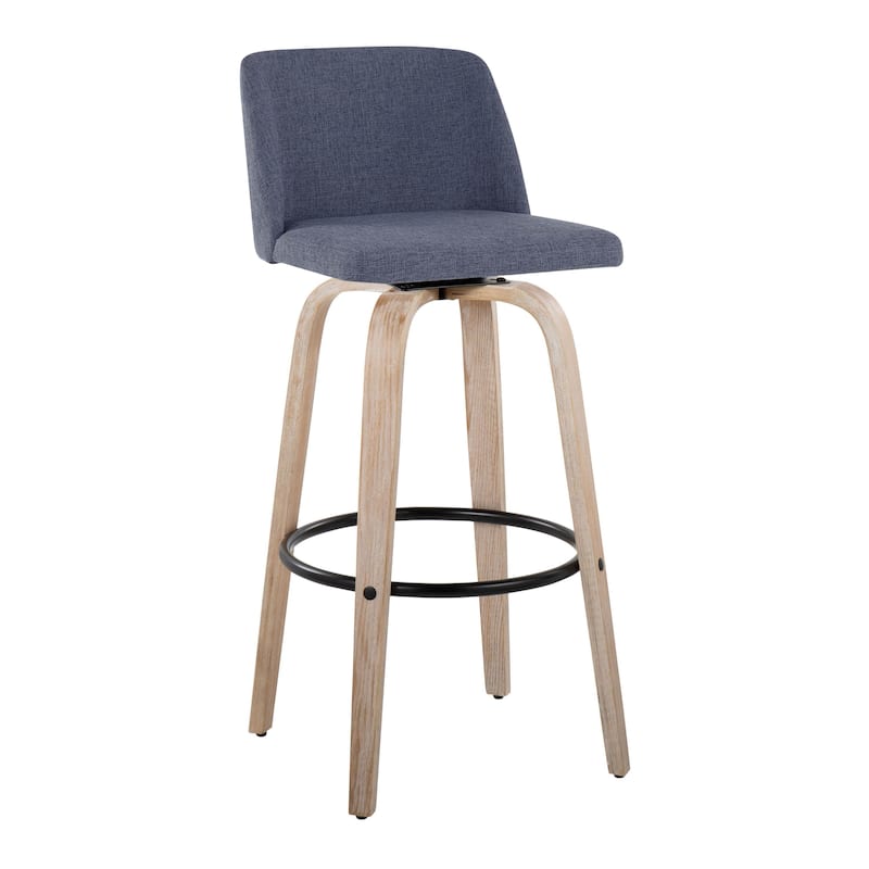 The Gray Barn Vallberga 30" Fixed-Height Bar Stool with White Washed Wood Base (Set of 2) - Blue Fabric/Black Round Footrest