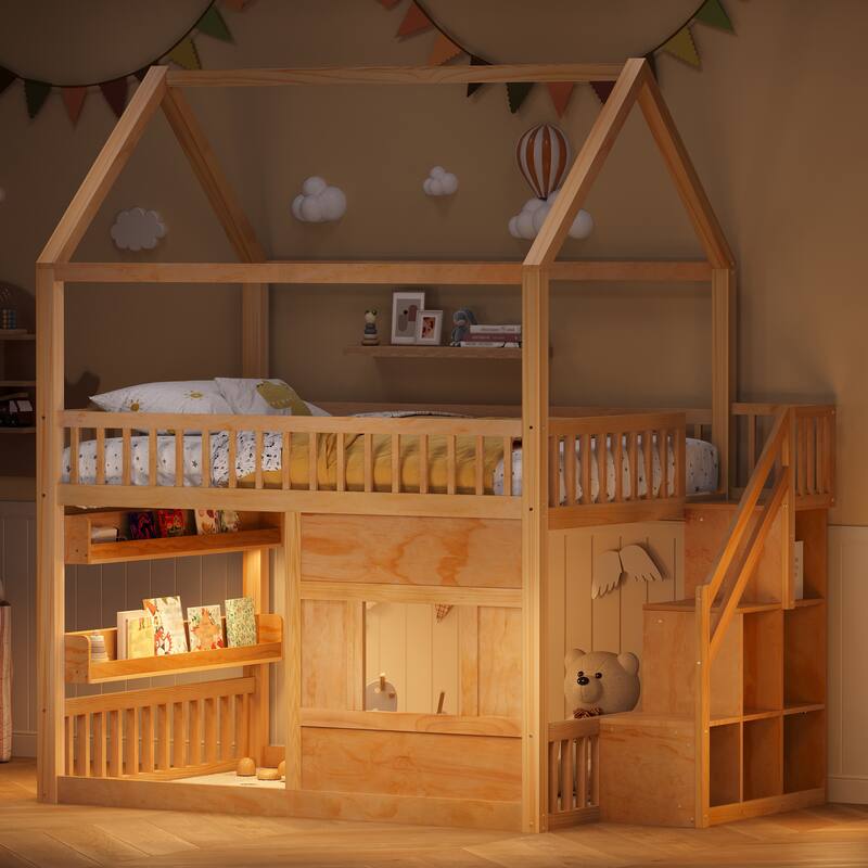 Roomfitters Full Size Wood House Loft Bed with Storage Stairs and Built-in Shelving, Modern Space-Saving Sleep Space