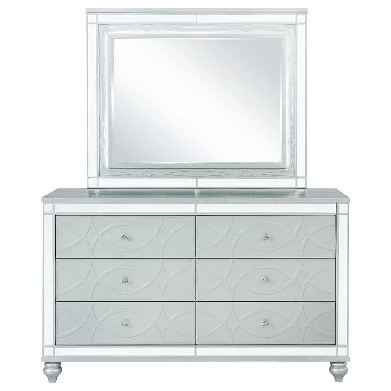 Gina Wide Dresser with Mirror, 6 Drawers, Silver Metallic Wood Frame