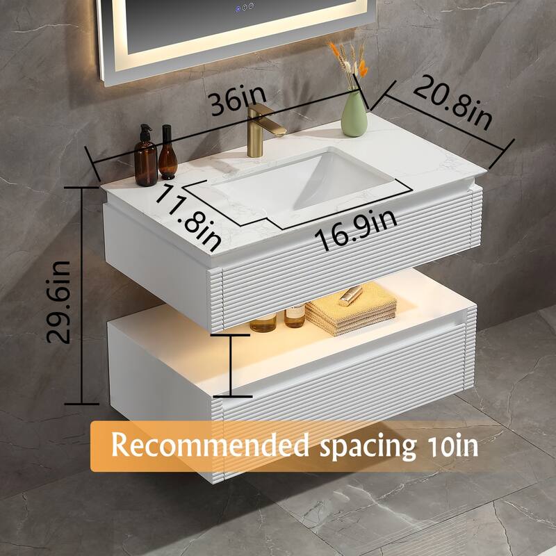 Modland 36''/48'' Floating Bathroom Vanity with ETL-Certified LED Lighting, Soft-Close Drawers & Waterproof, White