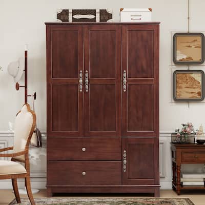 100% Solid Wood Walnut Armoire Wardrobe Closet with Drawers and Hanging Rod, Farmhouse Style Wardrobe Closet with 3 Doors