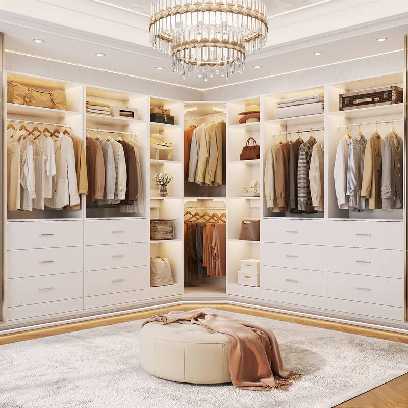 Corner Closet System with 6 Drawers & 4 Hanging Rods,Set of 3,Reversible Walk-in Closet Organizer System with Adjustable Shelves