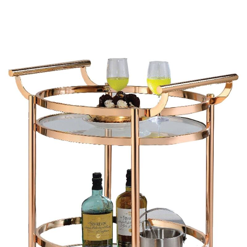27 Inch Oval Shaped Metal Serving Cart with 2 Shelves, Gold - 19 H x 19 W x 27 L Inches