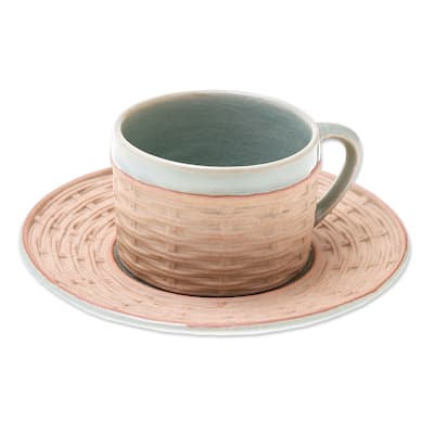 Novica Handmade Wicker In Green Ceramic Cup And Saucer