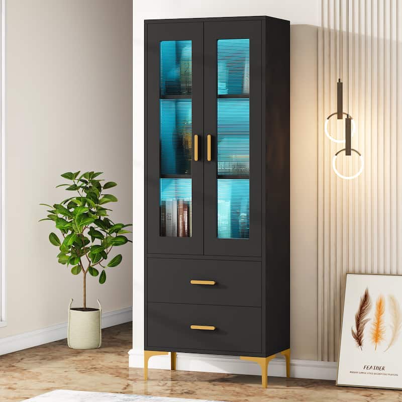 Bookshelf Bookcase with Doors and 2 Drawers for Living Room - Black