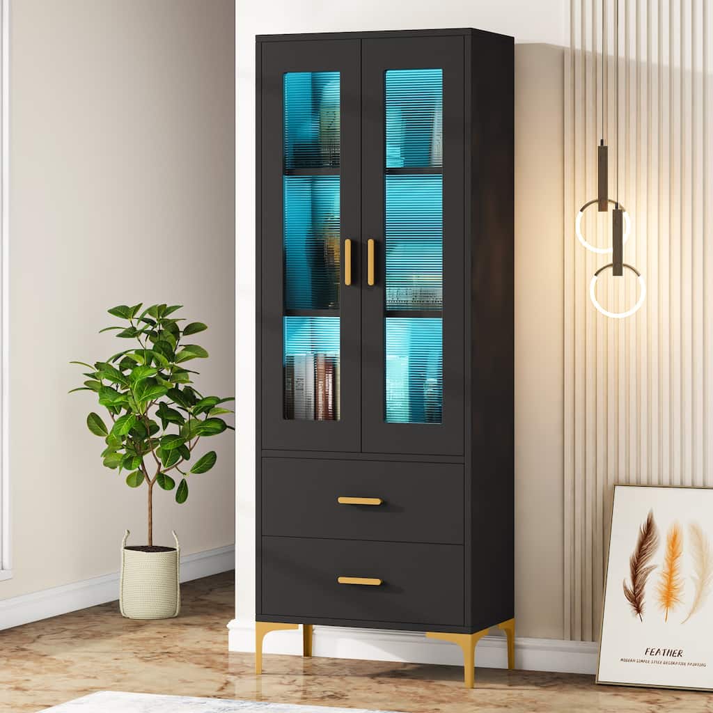 Bookshelf Bookcase with Doors and 2 Drawers for Living Room