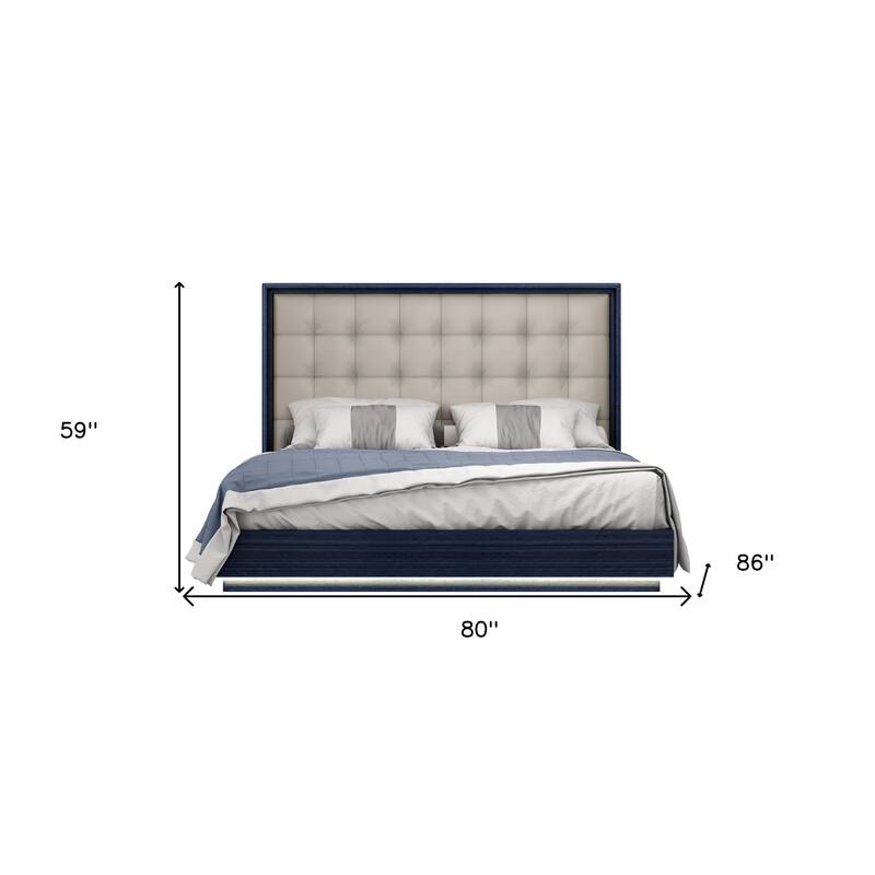 HomeRoots Blue and Gray Wood And Tufted Faux Leather Lighted King Bed Frame