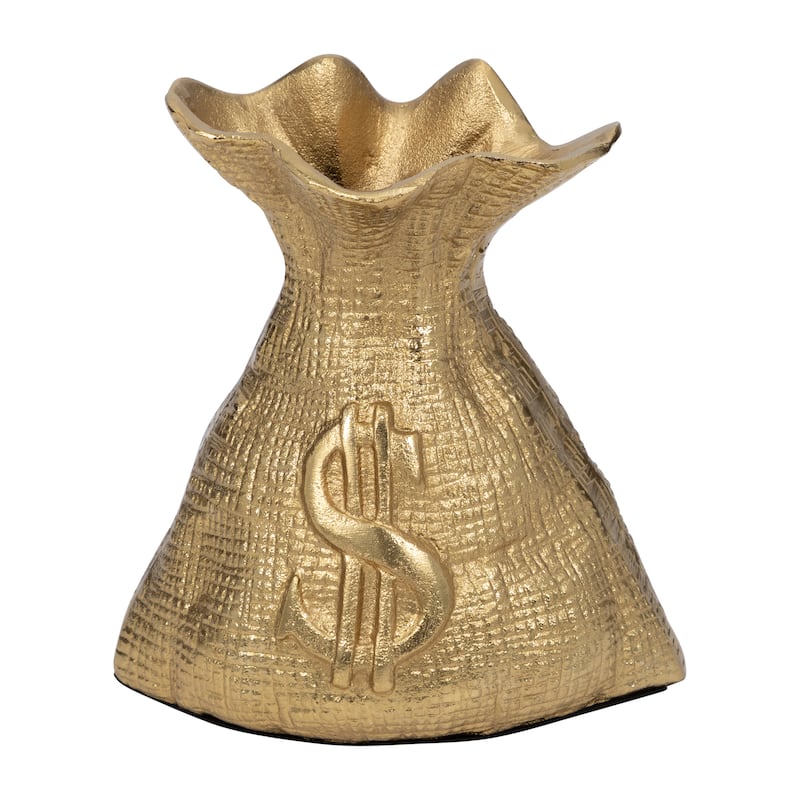 Sagebrook Home Gold Metal 8" Money Bag-Aluminum & Suar Wood, Crafted Decorative Accessories - 7" x 6" x 8" - Embossed Gold - 7" x 6" x 8"