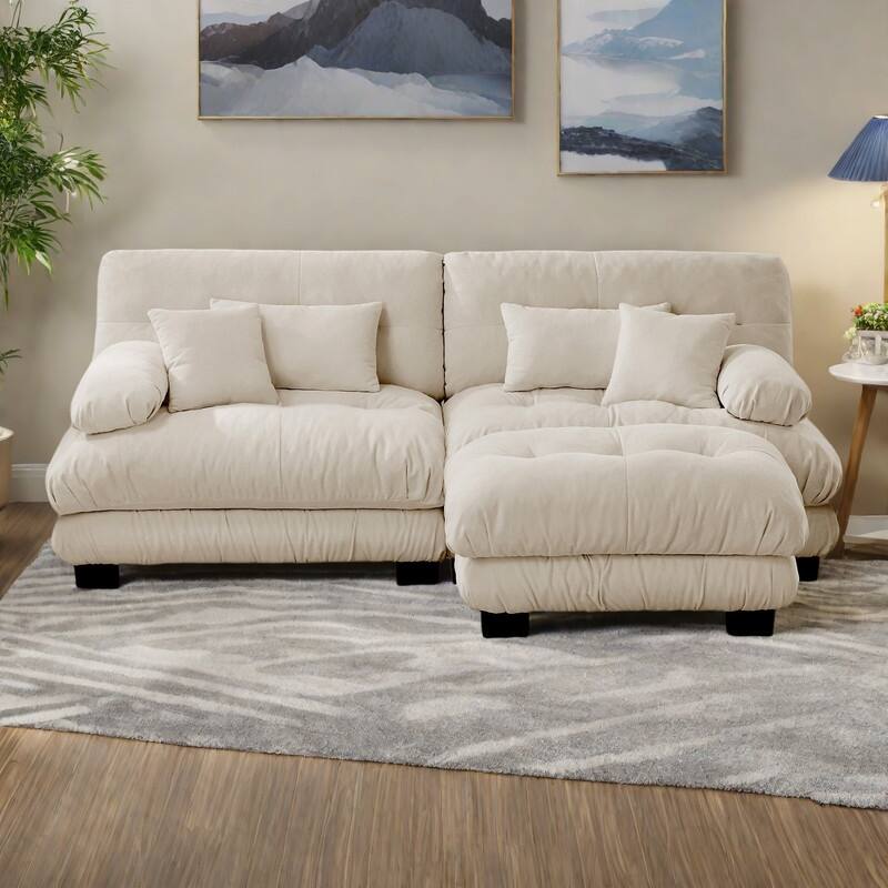 94.4" 2-Seater Chenille Cloud Couch with 4 Pillows and Convertible Ottoman - Light Coffee